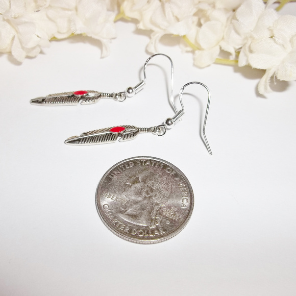 Silver & Red Earrings Southwestern Feather 4308 - Picture 6 of 6